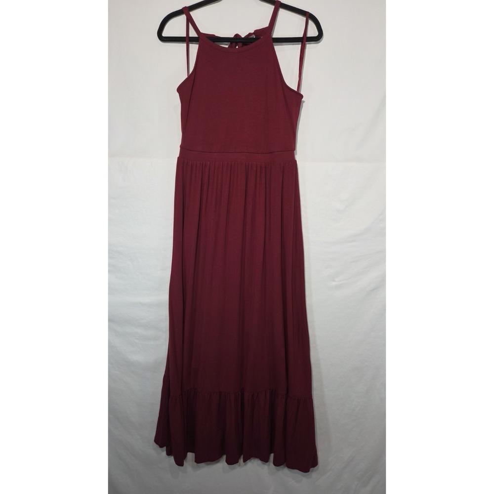 Old Navy Maroon High Neck Maxi Dress Medium Sleeveless Ruffle Hem Tie Back